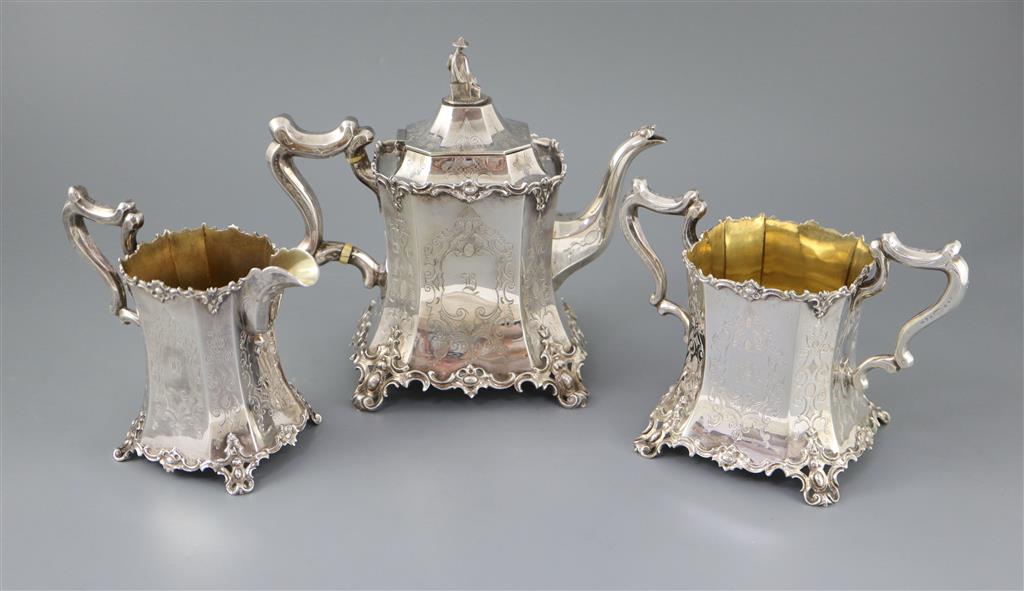 An early Victorian silver three piece tea set, by William Bateman,